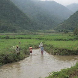 Villagers catching fish with a net in a pastoral setting, showcasing rural livelihood