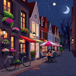 A night street scene in pixel art style with large pixels, featuring adorable little European houses illuminated by warm lights, vibrant flower boxes bursting with color, and a vintage bicycle parked nearby