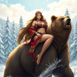 A striking and sensual illustration of a voluptuous Siberian woman with long flowing hair, showcasing her confident and captivating presence