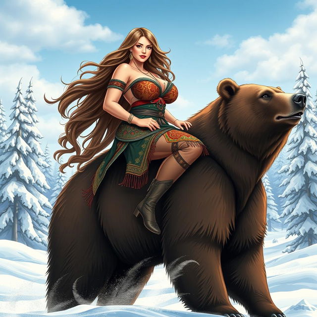 A striking and sensual illustration of a voluptuous Siberian woman with long flowing hair, showcasing her confident and captivating presence