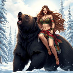 A striking and sensual illustration of a voluptuous Siberian woman with long flowing hair, showcasing her confident and captivating presence