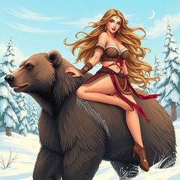 A striking and sensual illustration of a voluptuous Siberian woman with long flowing hair, showcasing her confident and captivating presence