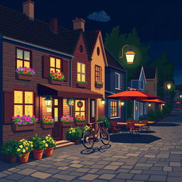 A captivating night street scene in pixel art style with big pixels, featuring small European houses adorned with warm lights, an abundance of colorful flowers in window boxes, and a classic bicycle leaning against a house