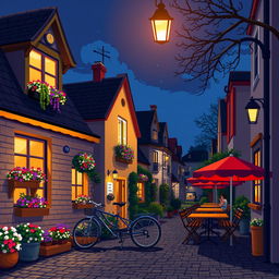 A captivating night street scene in pixel art style with big pixels, featuring small European houses adorned with warm lights, an abundance of colorful flowers in window boxes, and a classic bicycle leaning against a house