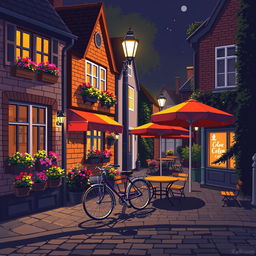 A captivating night street scene in pixel art style with big pixels, featuring small European houses adorned with warm lights, an abundance of colorful flowers in window boxes, and a classic bicycle leaning against a house