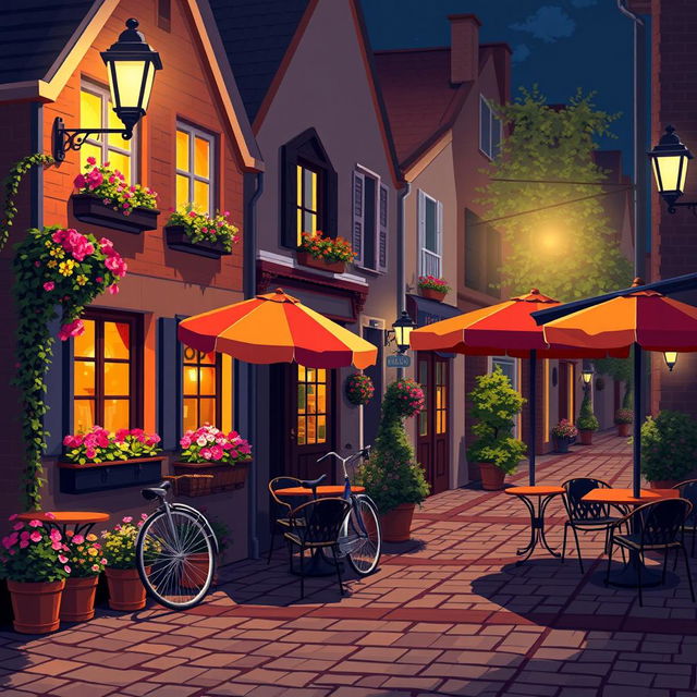 A captivating night street scene in pixel art style with big pixels, featuring small European houses adorned with warm lights, an abundance of colorful flowers in window boxes, and a classic bicycle leaning against a house