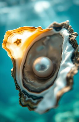 A close-up view of an oyster half-opened, revealing a beautifully lustrous pearl nestled inside its chamber