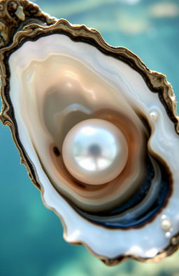 A close-up view of an oyster half-opened, revealing a beautifully lustrous pearl nestled inside its chamber