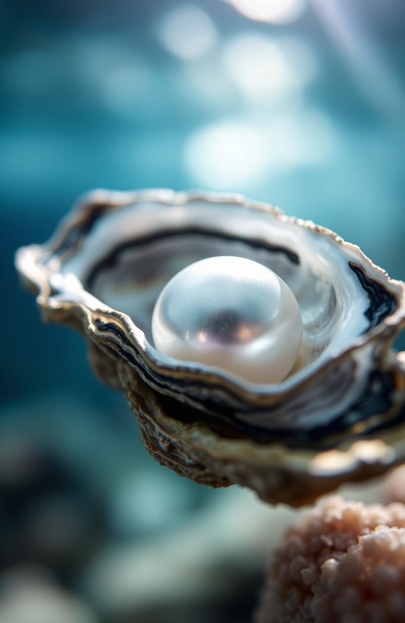 A close-up view of an oyster half-opened, revealing a beautifully lustrous pearl nestled inside its chamber