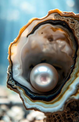 A close-up view of an oyster half-opened, revealing a beautifully lustrous pearl nestled inside its chamber