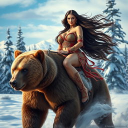 A hyper-realistic and sensual depiction of a voluptuous Siberian woman with long, flowing hair, exuding confidence and allure as she rides a majestic bear