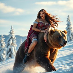 A hyper-realistic and sensual depiction of a voluptuous Siberian woman with long, flowing hair, exuding confidence and allure as she rides a majestic bear