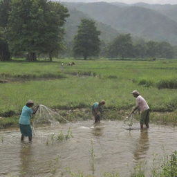Villagers catching fish with a net in a pastoral setting, showcasing rural livelihood