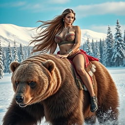 A hyper-realistic and sensual depiction of a voluptuous Siberian woman with long, flowing hair, exuding confidence and allure as she rides a majestic bear