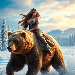 A hyper-realistic and sensual depiction of a voluptuous Siberian woman with long, flowing hair, exuding confidence and allure as she rides a majestic bear