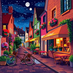 A vibrant night street scene depicted in pixel art, featuring charming little European houses illuminated against the night sky, adorned with an abundance of colorful flowers spilling from window boxes