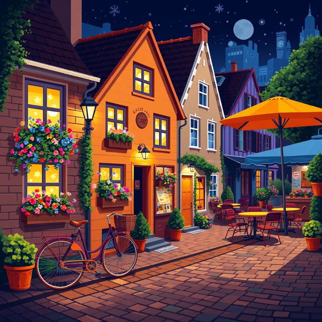 A vibrant night street scene depicted in pixel art, featuring charming little European houses illuminated against the night sky, adorned with an abundance of colorful flowers spilling from window boxes