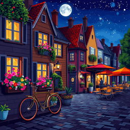 A vibrant night street scene depicted in pixel art, featuring charming little European houses illuminated against the night sky, adorned with an abundance of colorful flowers spilling from window boxes