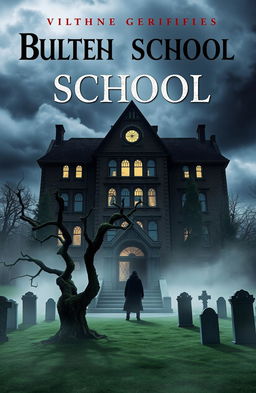 A horror novel cover featuring an eerie school building ominously located above a graveyard