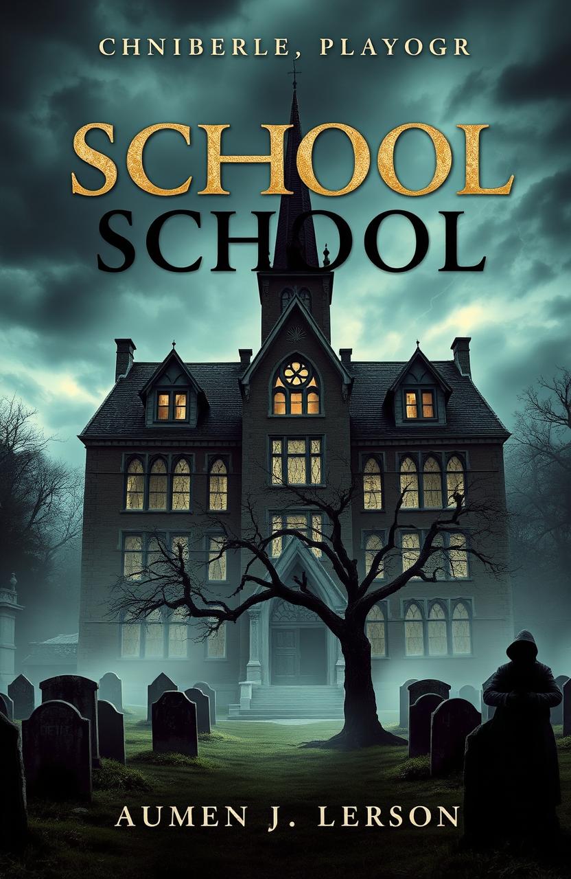 A horror novel cover featuring an eerie school building ominously located above a graveyard