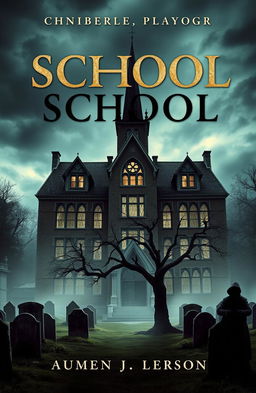 A horror novel cover featuring an eerie school building ominously located above a graveyard