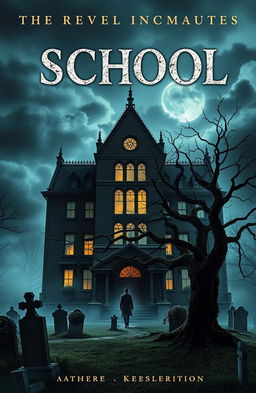 A horror novel cover featuring an eerie school building ominously located above a graveyard