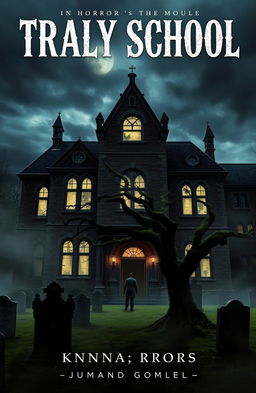 A horror novel cover featuring an eerie school building ominously located above a graveyard