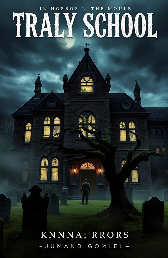 A horror novel cover featuring an eerie school building ominously located above a graveyard