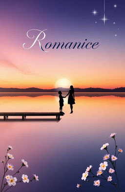 A beautifully designed romantic book cover featuring a serene sunset over a calm lake, with a silhouette of a couple holding hands on a dock