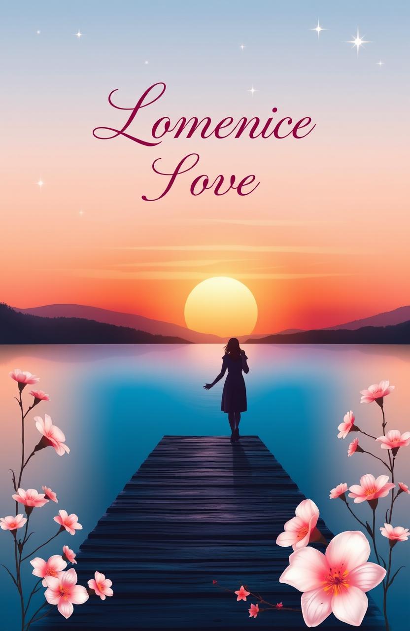 A beautifully designed romantic book cover featuring a serene sunset over a calm lake, with a silhouette of a couple holding hands on a dock