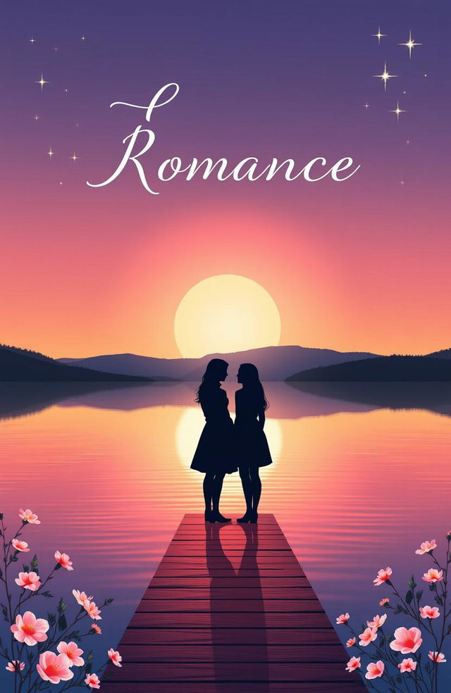 A beautifully designed romantic book cover featuring a serene sunset over a calm lake, with a silhouette of a couple holding hands on a dock