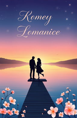 A beautifully designed romantic book cover featuring a serene sunset over a calm lake, with a silhouette of a couple holding hands on a dock