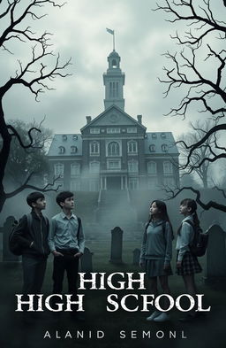 A chilling novel cover design depicting a high school set above an ancient cemetery