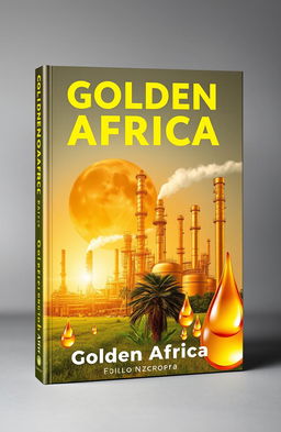 A visually striking book cover design featuring a blend of modern industrial oil refineries juxtaposed with natural elements like palm trees and oil droplets