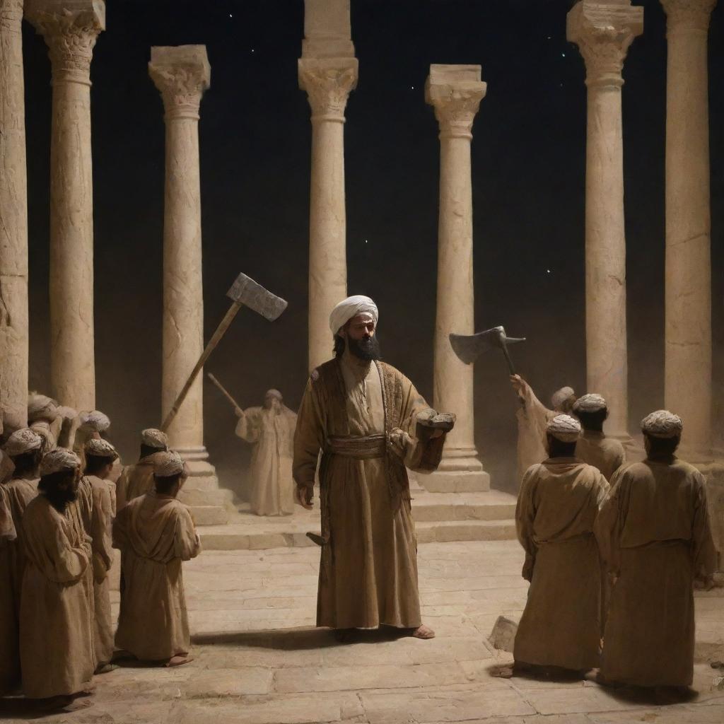 At night, while all Babylonians are gone, Prophet Ibrahim goes to the temple and destroys the statues with an axe