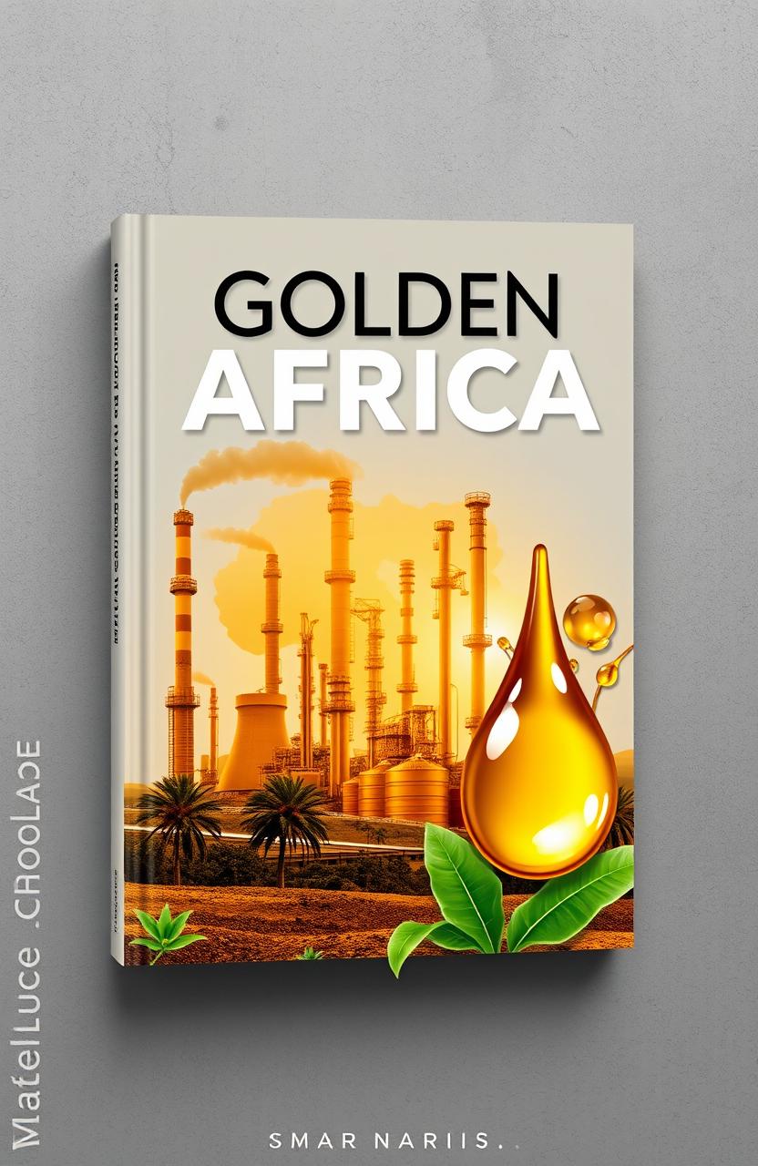 A visually striking book cover design featuring a blend of modern industrial oil refineries juxtaposed with natural elements like palm trees and oil droplets