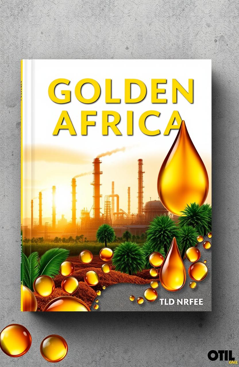 A visually striking book cover design featuring a blend of modern industrial oil refineries juxtaposed with natural elements like palm trees and oil droplets