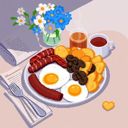 A delightful still life in pixel art style featuring a classic English breakfast laid out on a plate, including perfectly cooked eggs, crispy sausage, sizzling bacon, sautéed mushrooms, and golden-brown potatoes