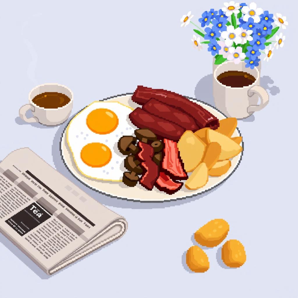 A delightful still life in pixel art style featuring a classic English breakfast laid out on a plate, including perfectly cooked eggs, crispy sausage, sizzling bacon, sautéed mushrooms, and golden-brown potatoes