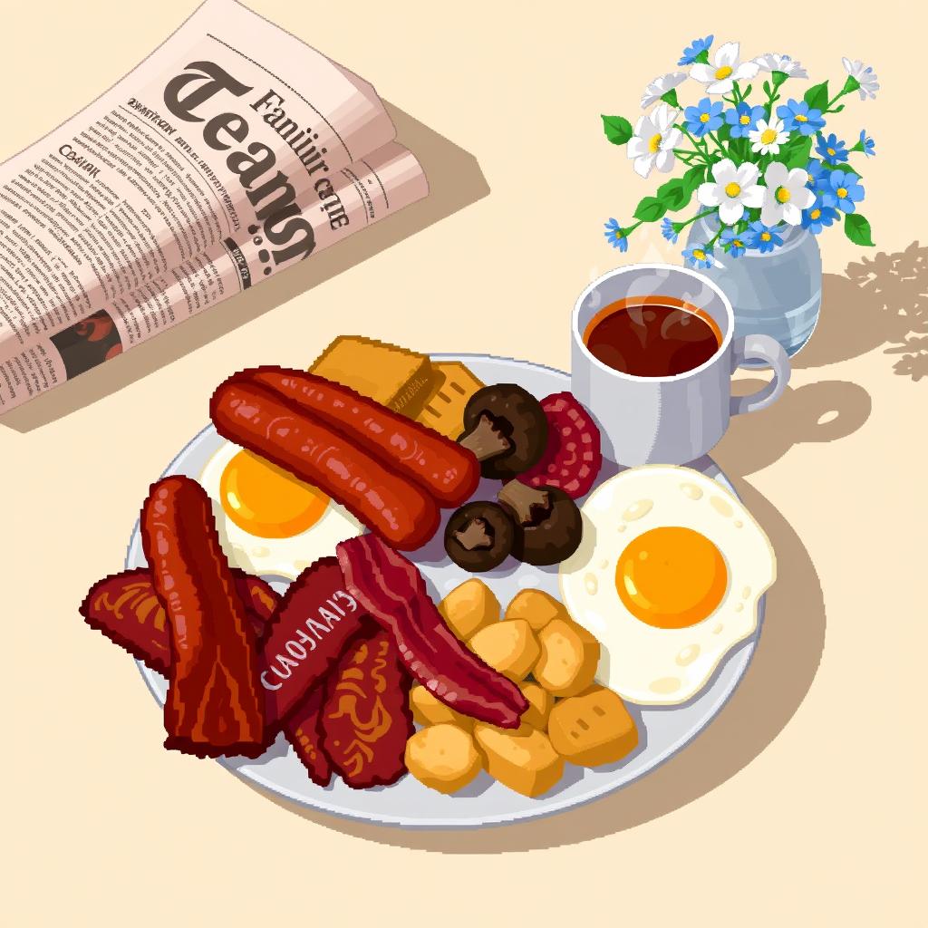 A delightful still life in pixel art style featuring a classic English breakfast laid out on a plate, including perfectly cooked eggs, crispy sausage, sizzling bacon, sautéed mushrooms, and golden-brown potatoes