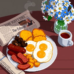 A delightful still life in pixel art style featuring a classic English breakfast laid out on a plate, including perfectly cooked eggs, crispy sausage, sizzling bacon, sautéed mushrooms, and golden-brown potatoes