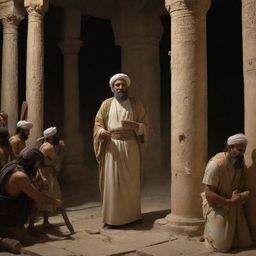 At night, while all Babylonians are gone, Prophet Ibrahim goes to the temple and destroys the statues with an axe