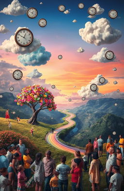 A surreal landscape representing the theme of unexpected emotions and events, featuring whimsical elements like floating clocks, colorful clouds that morph into various faces, and a path that twists unpredictably