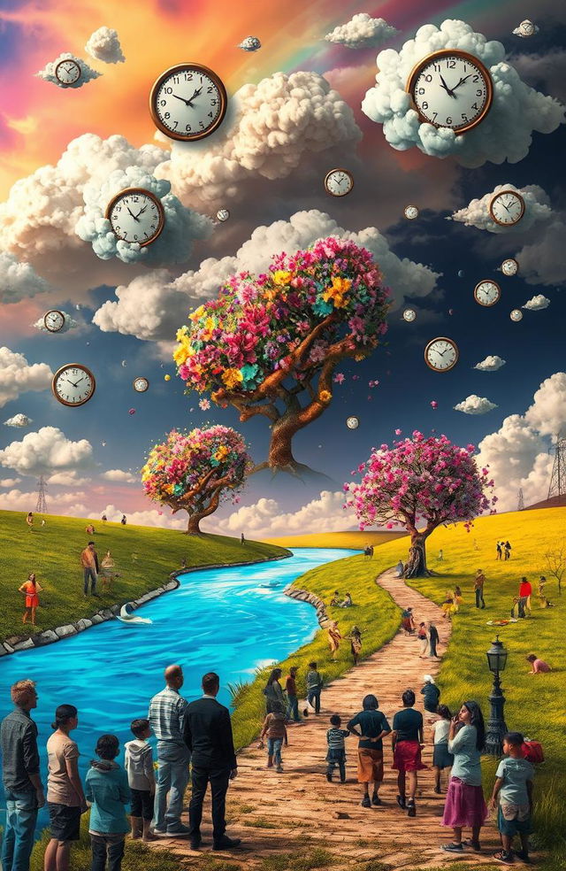 A surreal landscape representing the theme of unexpected emotions and events, featuring whimsical elements like floating clocks, colorful clouds that morph into various faces, and a path that twists unpredictably