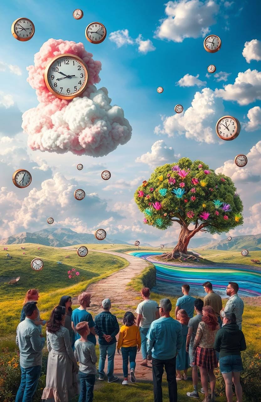 A surreal landscape representing the theme of unexpected emotions and events, featuring whimsical elements like floating clocks, colorful clouds that morph into various faces, and a path that twists unpredictably