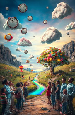 A surreal landscape representing the theme of unexpected emotions and events, featuring whimsical elements like floating clocks, colorful clouds that morph into various faces, and a path that twists unpredictably