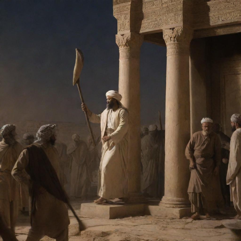 At night, while all Babylonians are gone, Prophet Ibrahim goes to the temple and destroys the statues with an axe