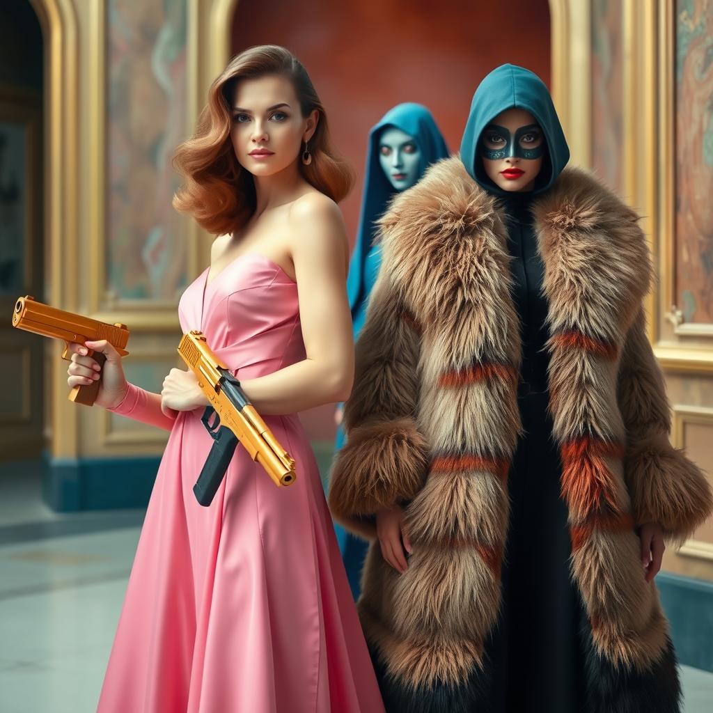 A surreal scene featuring a woman in a pink dress holding a golden gun, poised confidently