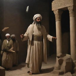 At night, while all Babylonians are gone, Prophet Ibrahim goes to the temple and destroys the statues with an axe