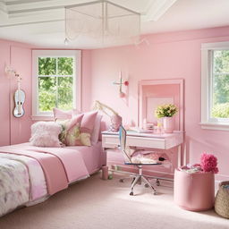 Generate an image of a tastefully decorated 10x12 room suitable for a 14-year-old girl, maintaining a balance between youthful and mature elements.